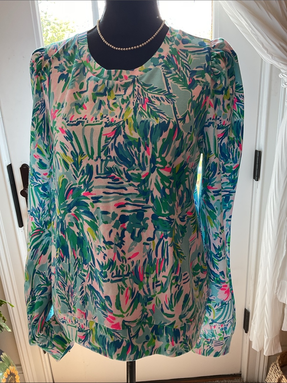 Lilly Pulitzer Tropical Floral Long-Sleeve Top in Aqua, Teal & Pink